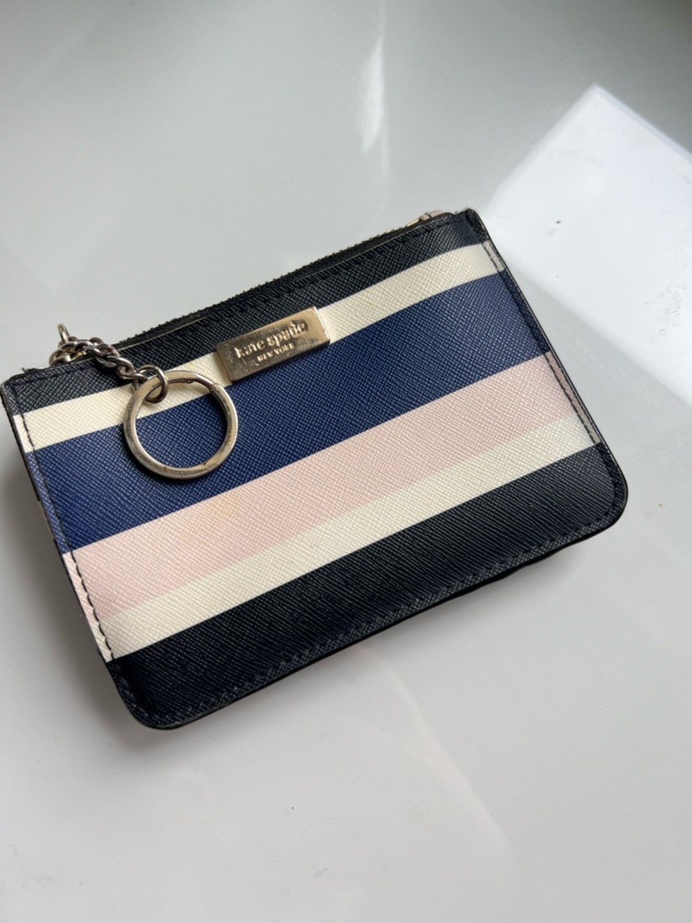 kate spade Navy, Pink & Cream Striped Card Pouch with Key Ring